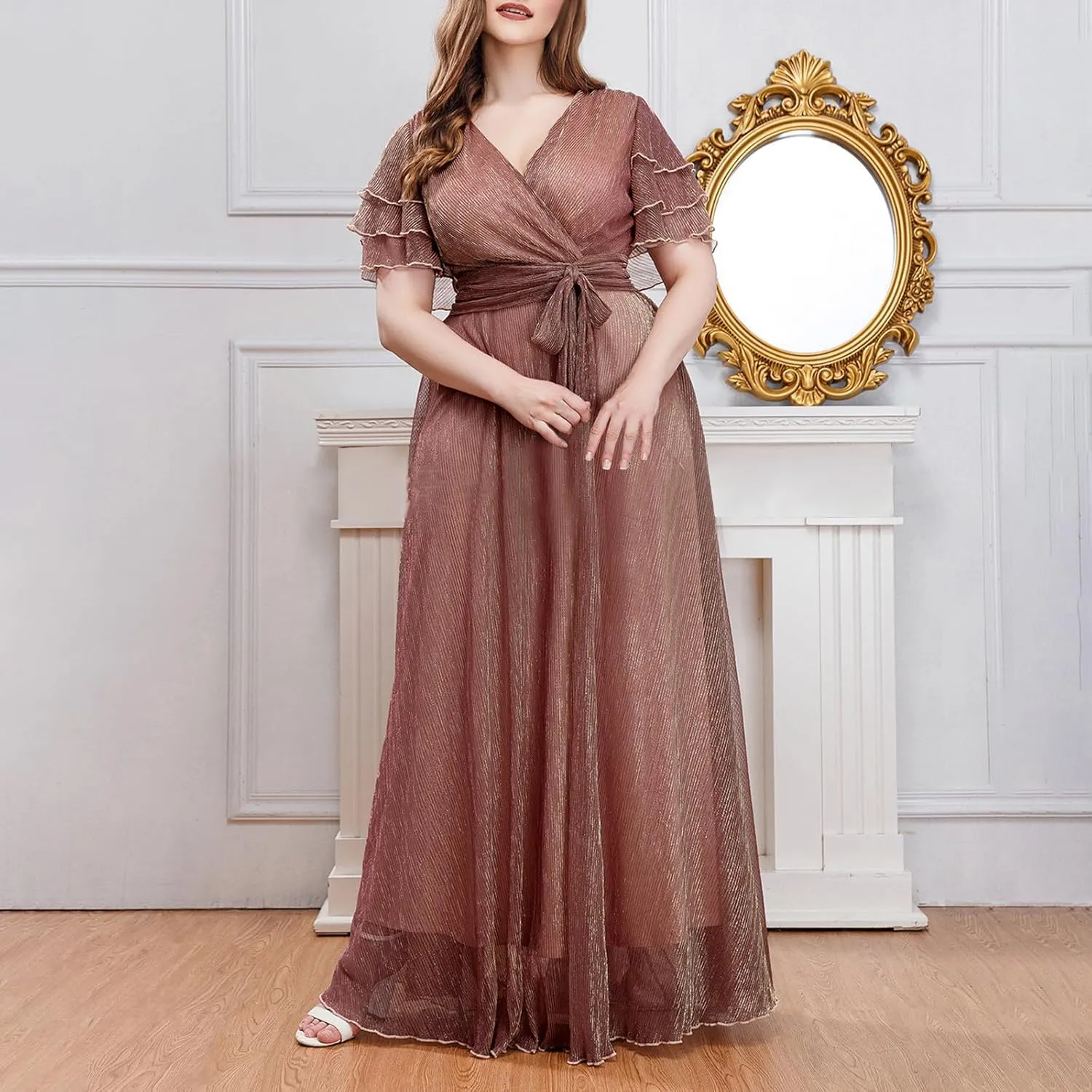 Elegant V Neck Dress for Women Fashionable Ruffle Sleeve Chiffon Midi Skirt Front Tie Wrap Comfy Dresses Prom Gowns