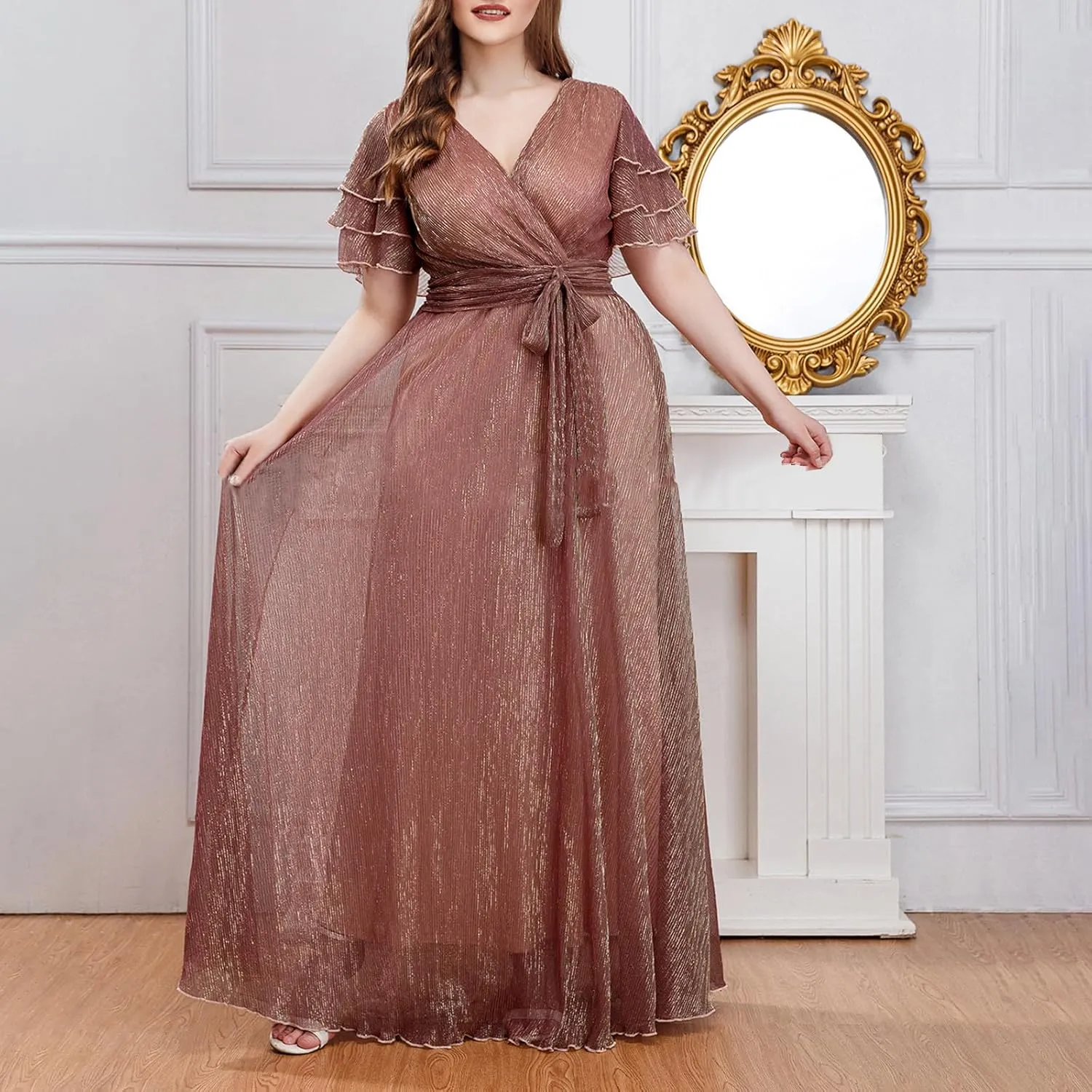 Elegant V Neck Dress for Women Fashionable Ruffle Sleeve Chiffon Midi Skirt Front Tie Wrap Comfy Dresses Prom Gowns