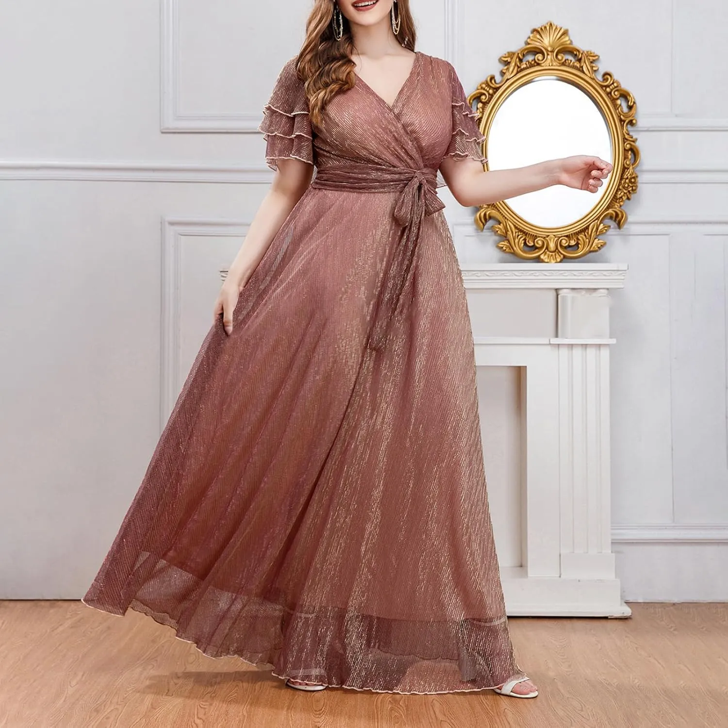 Elegant V Neck Dress for Women Fashionable Ruffle Sleeve Chiffon Midi Skirt Front Tie Wrap Comfy Dresses Prom Gowns