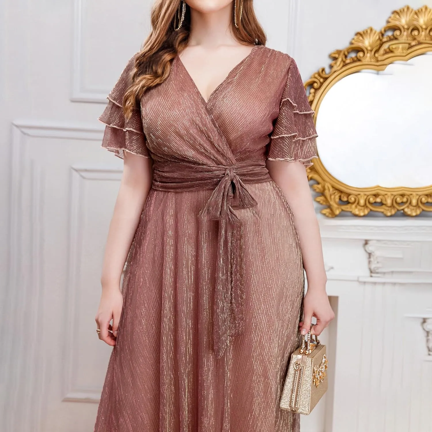 Elegant V Neck Dress for Women Fashionable Ruffle Sleeve Chiffon Midi Skirt Front Tie Wrap Comfy Dresses Prom Gowns