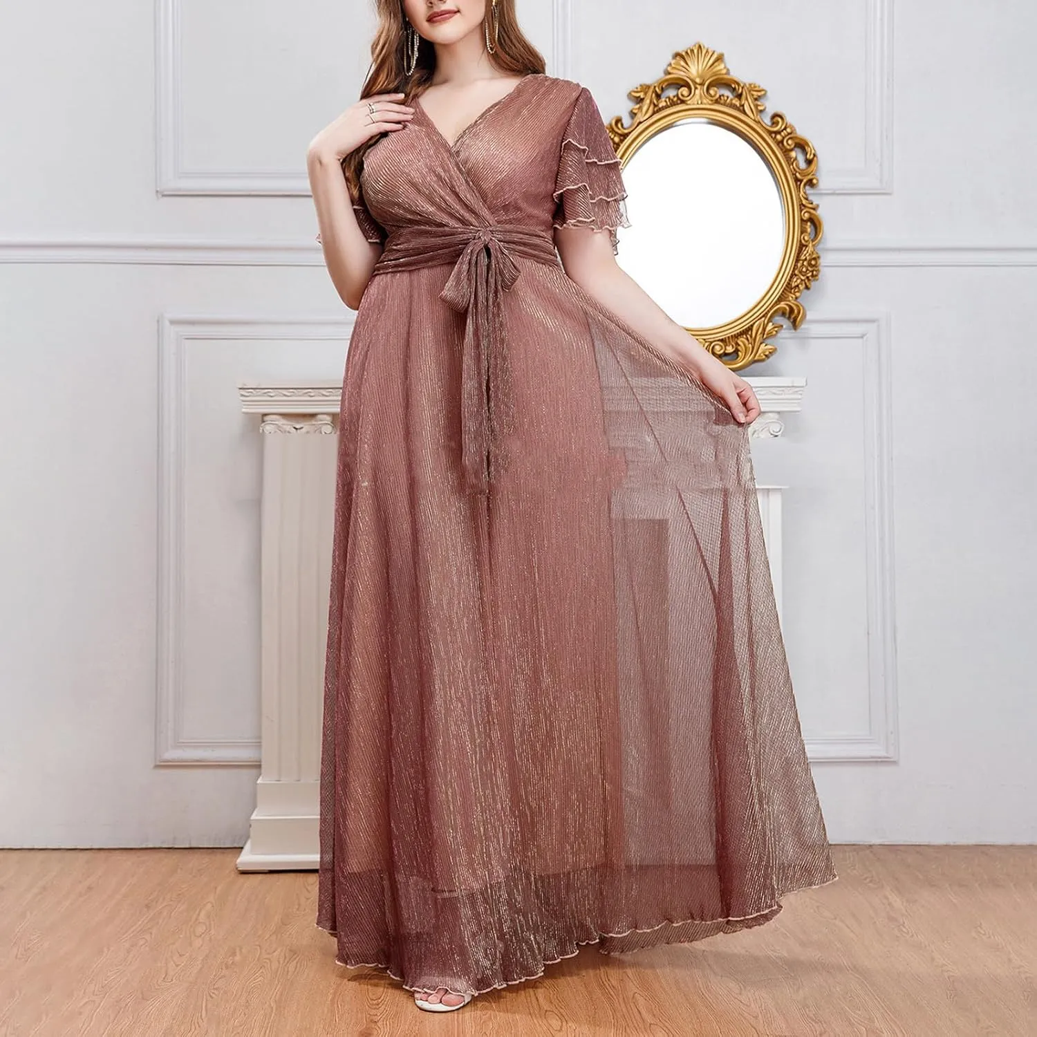 Elegant V Neck Dress for Women Fashionable Ruffle Sleeve Chiffon Midi Skirt Front Tie Wrap Comfy Dresses Prom Gowns
