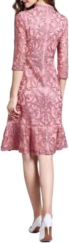 Elegant Womens Embroidered Floral Pattern Lace Round Neck Half Sleeve Sequin Dress 8929
