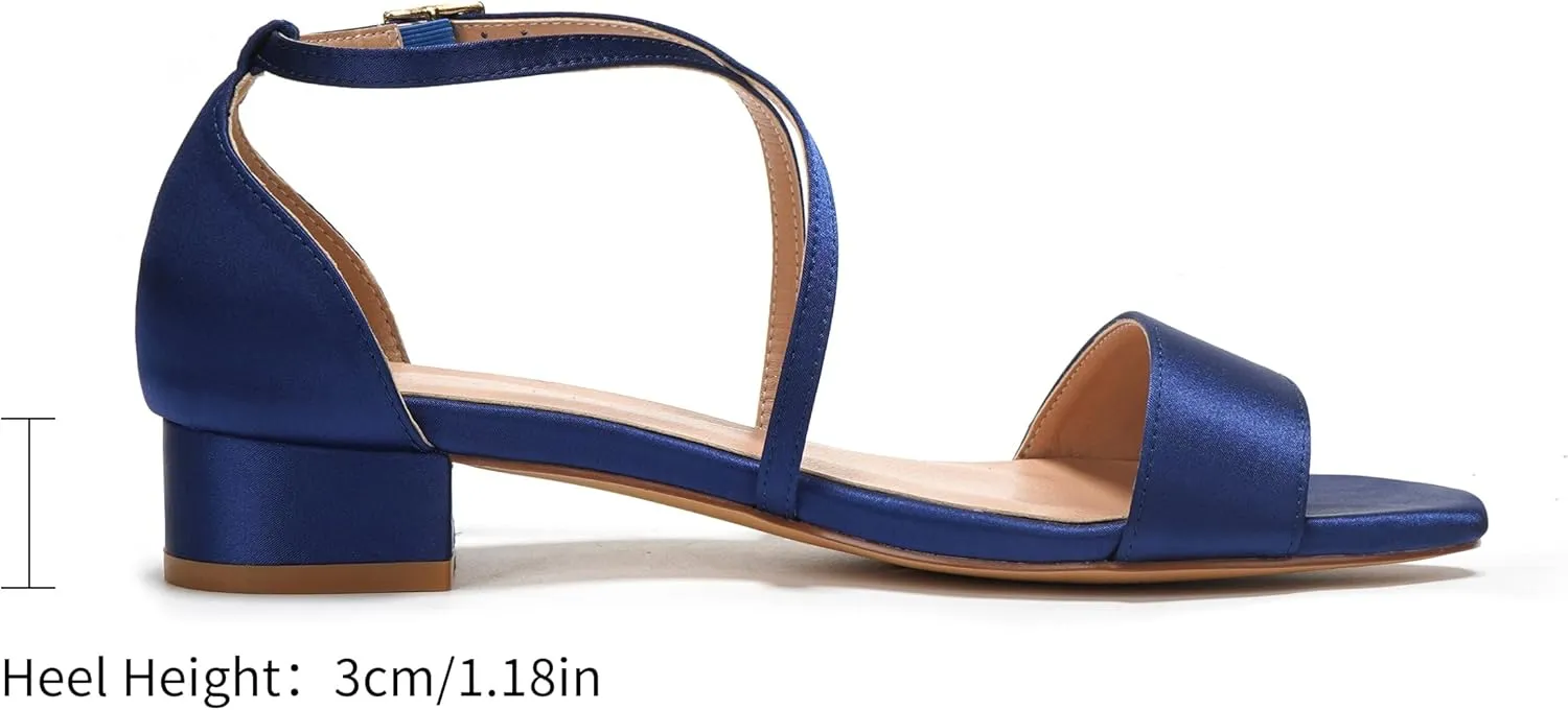Elivandon J1584 Women's Satin Low-Heel Evening Sandals Open Toe 1.18 inches Block Heel Satin Pumps Evening Party Bridal Wedding Shoes