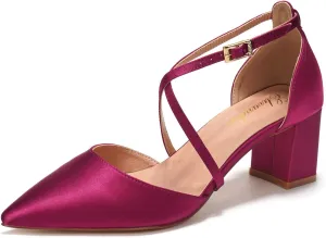 Elivandon J1586 Women's Satin Pointed Toe Mid-Heel Evening Sandals 2.36 inches Block Heel Bridal Party Wedding Pumps with Long Strap