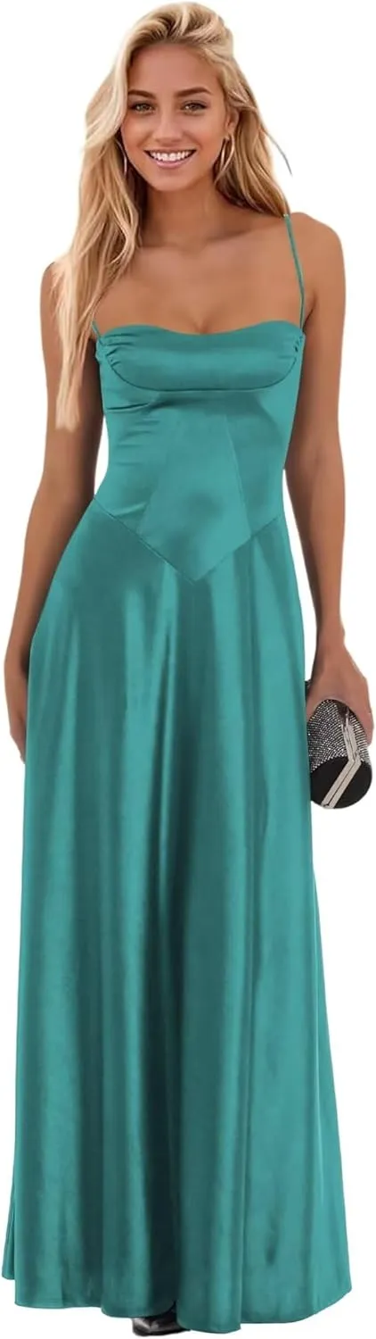 Elmiansly Spaghetti Straps Long Prom Dresses A Line Strapless Satin Formal Evening Party Gowns