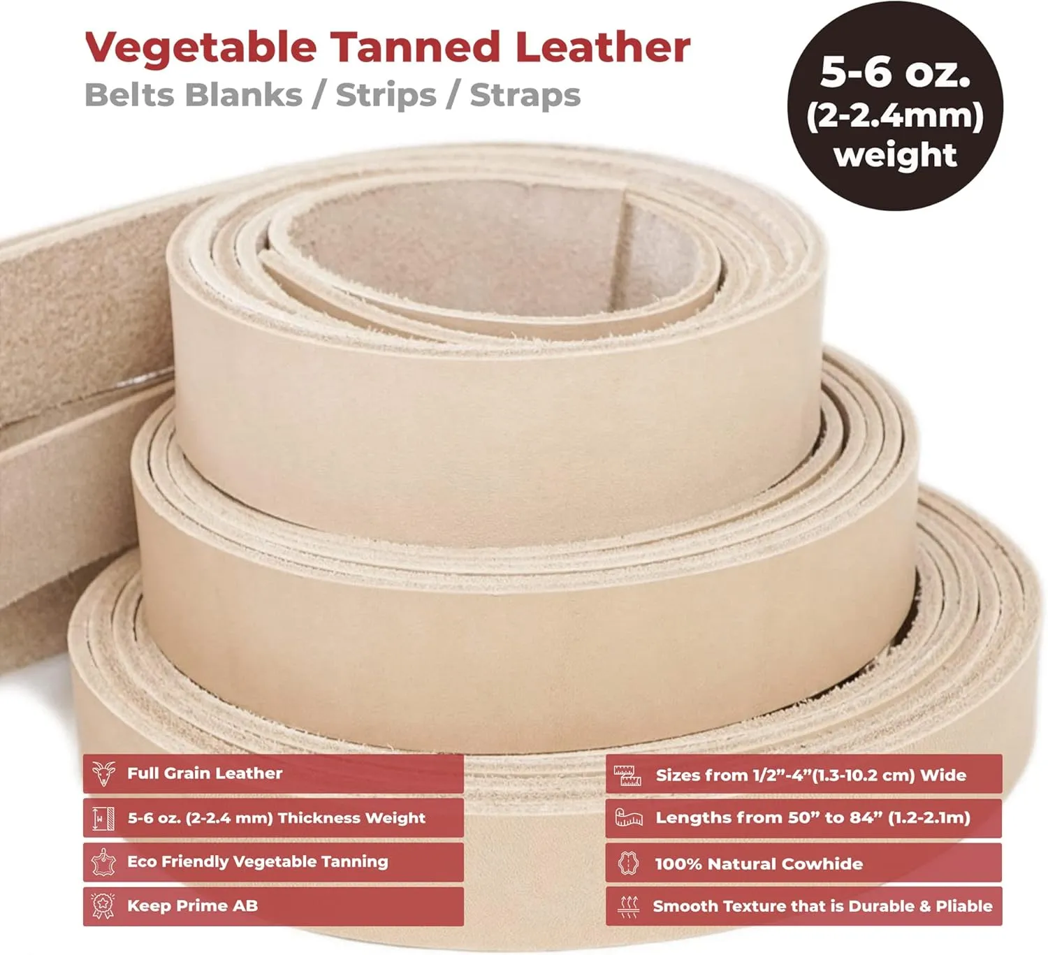 ELW Leather Blank Belt | 5-6 Oz. (2-2.4mm) Thickness | Size: 2-3/4"x84" (6.9x213cm) | Cowhide Vegetable Tanned | Full Grain Strip, Strap | Ideal for DIY Belts for Tooling, Crafting, Stamping, Dyeing