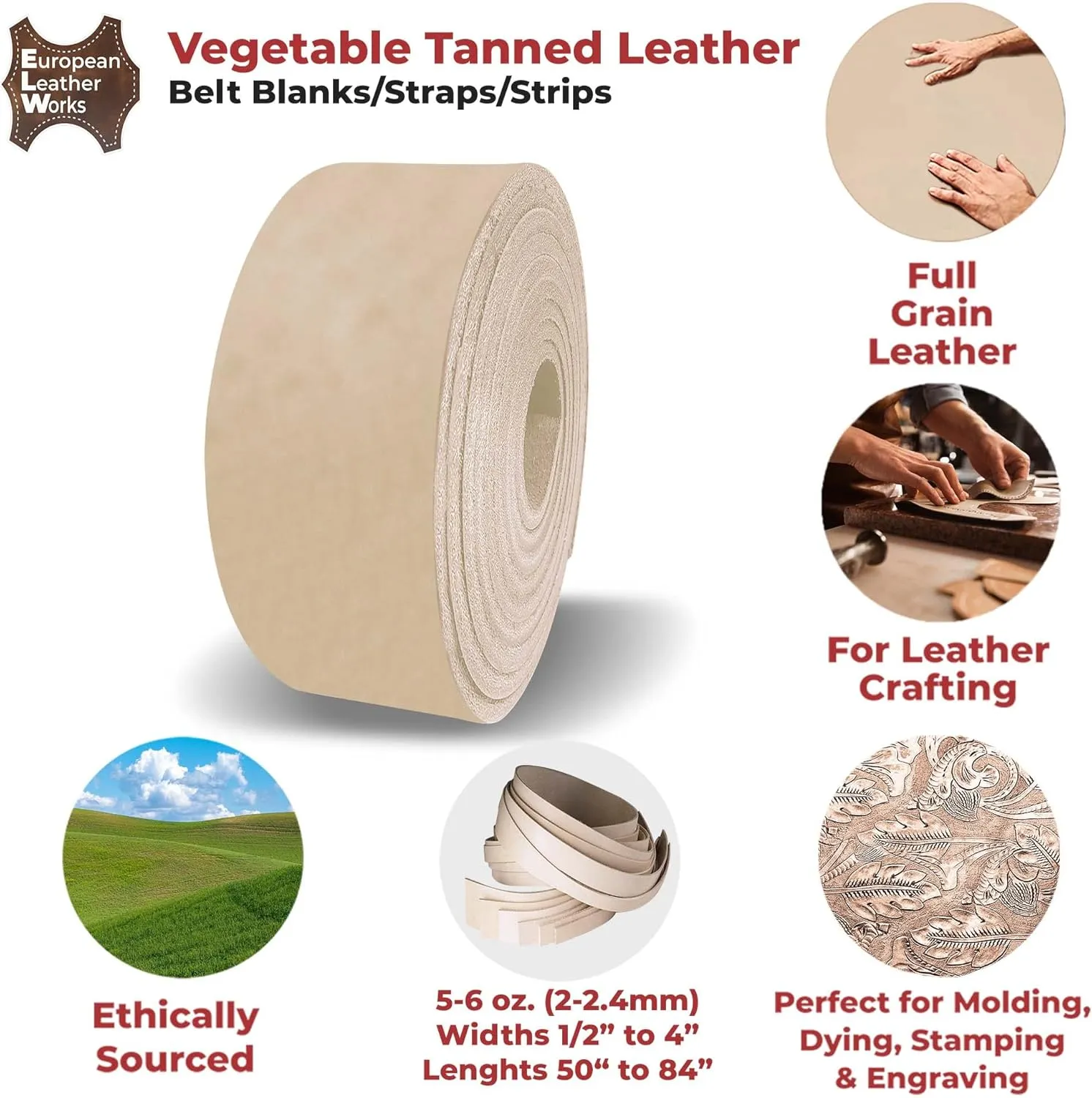 ELW Leather Blank Belt | 5-6 Oz. (2-2.4mm) Thickness | Size: 2-3/4"x84" (6.9x213cm) | Cowhide Vegetable Tanned | Full Grain Strip, Strap | Ideal for DIY Belts for Tooling, Crafting, Stamping, Dyeing