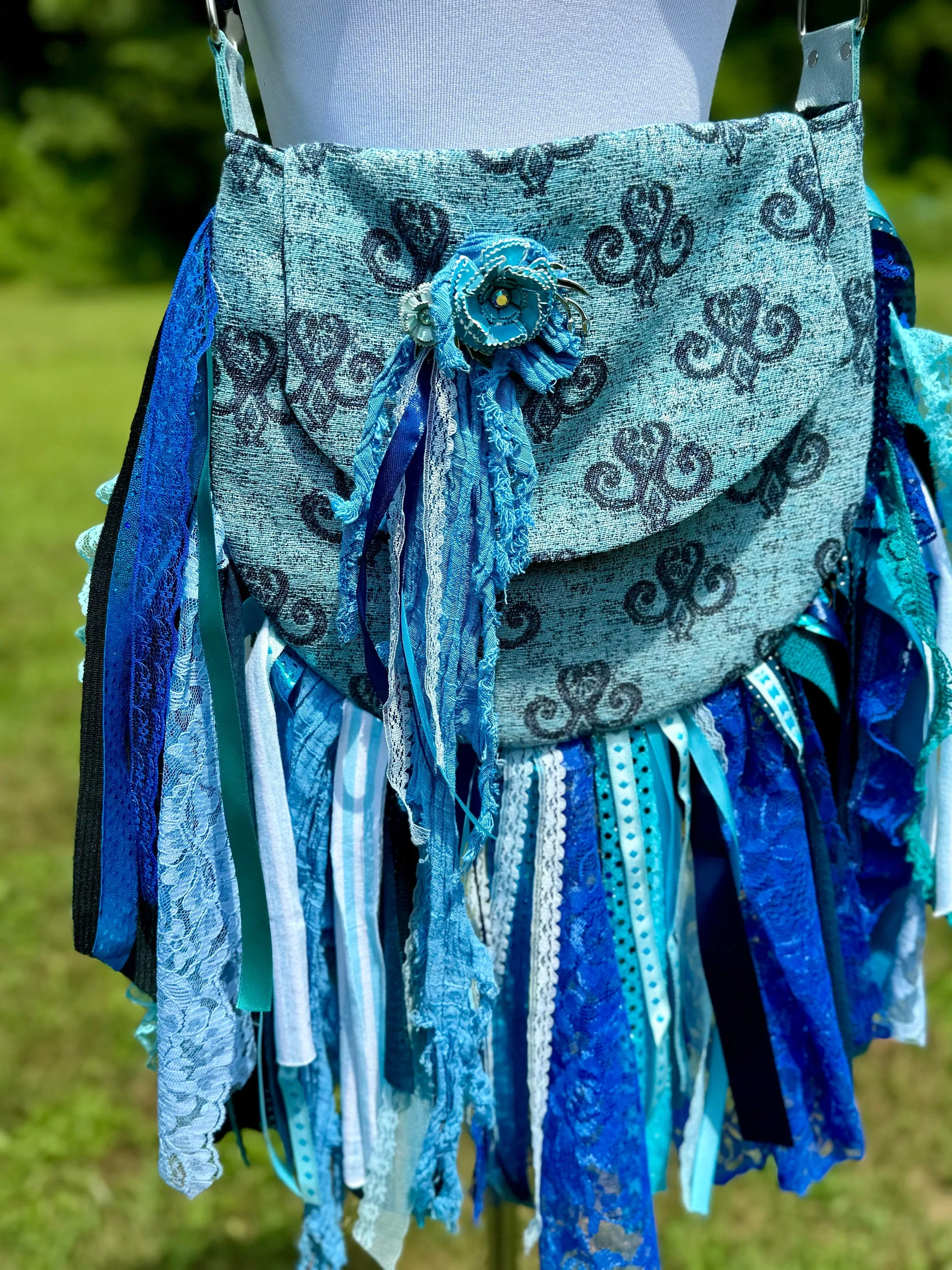 Embellished Blue Lace Fringe Purse - Boho Handbag, Hippie Style with a Chic Twist