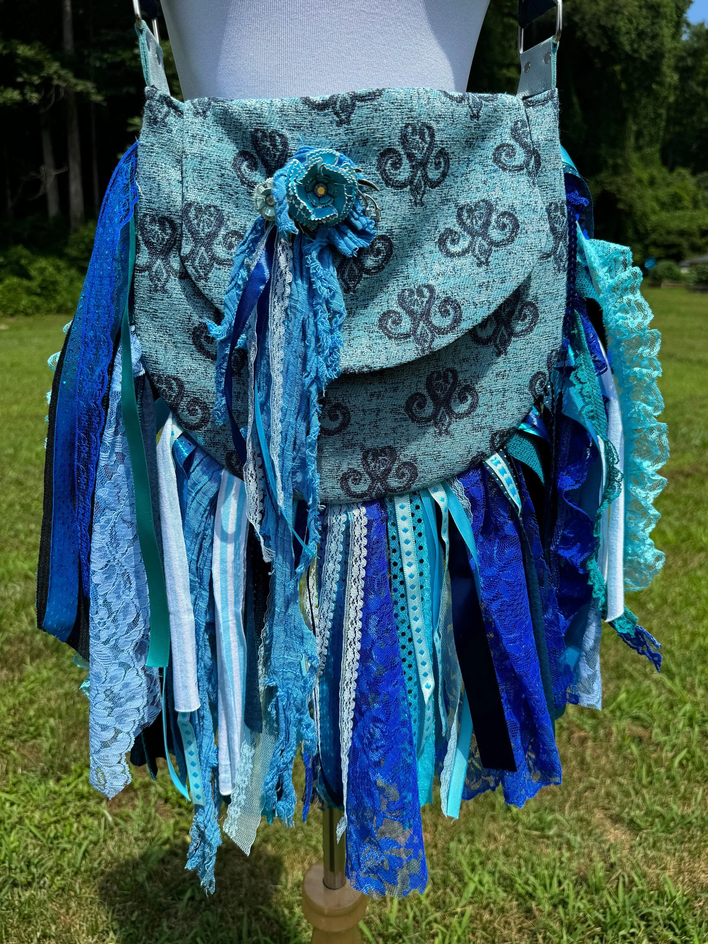 Embellished Blue Lace Fringe Purse - Boho Handbag, Hippie Style with a Chic Twist