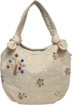 Embroidered Handbag for Women, Vintage Tree Shoulder Tote with Zipper, 12.6"x5.5"x9", Fabric Hobo Bag with Inner Pocket