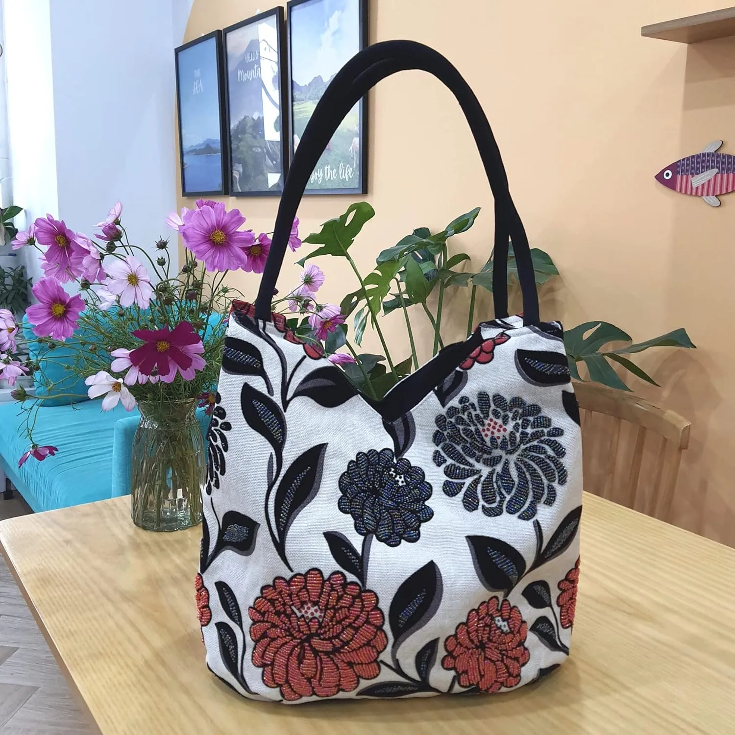 Embroidered Handbags for Women, Large Beads Flower Shoulder Tote Bag with Zipper Fabric Hobo Bags, Mother's Day Bag