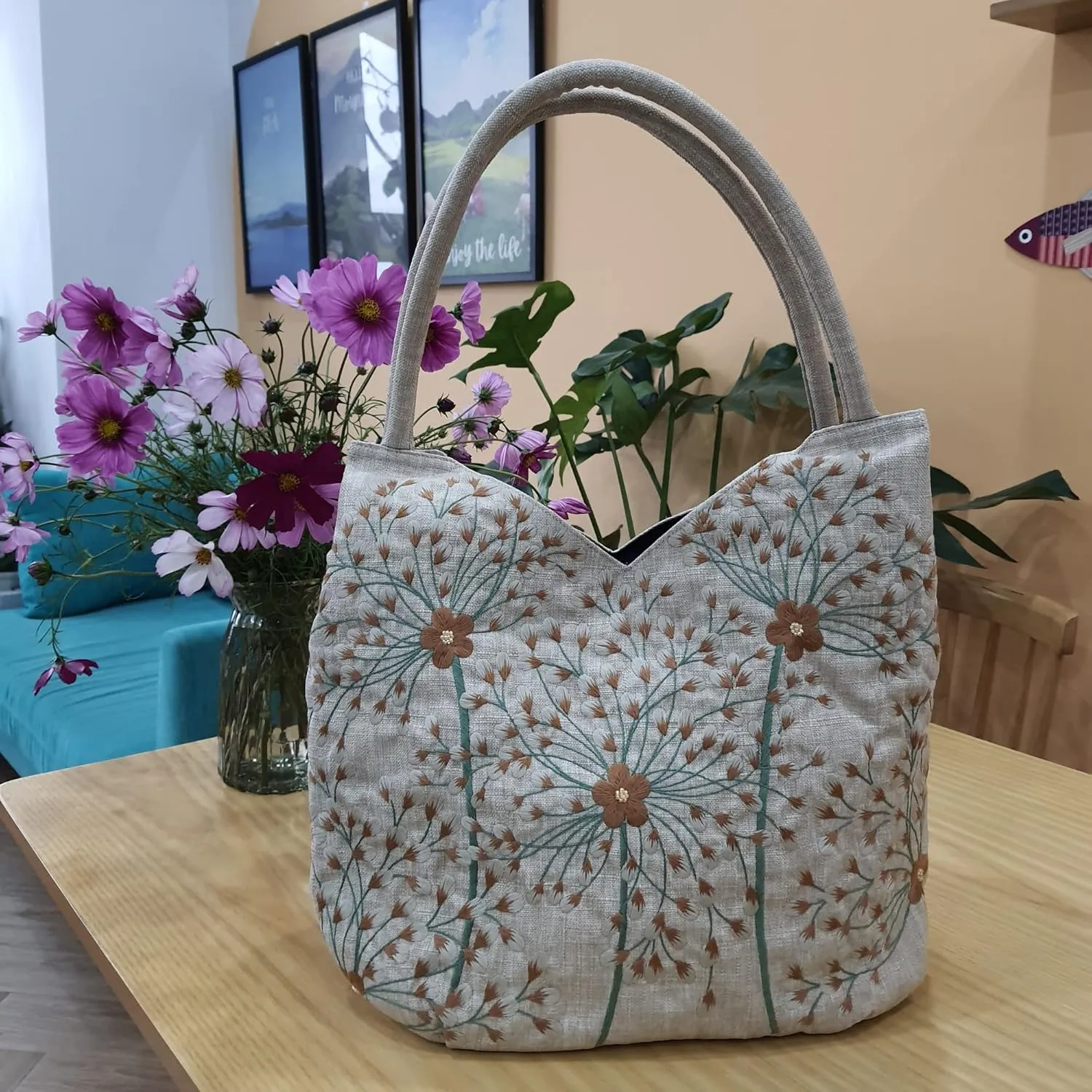 Embroidered Handbags for Women, Large Beads Flower Shoulder Tote Bag with Zipper Fabric Hobo Bags, Mother's Day Bag