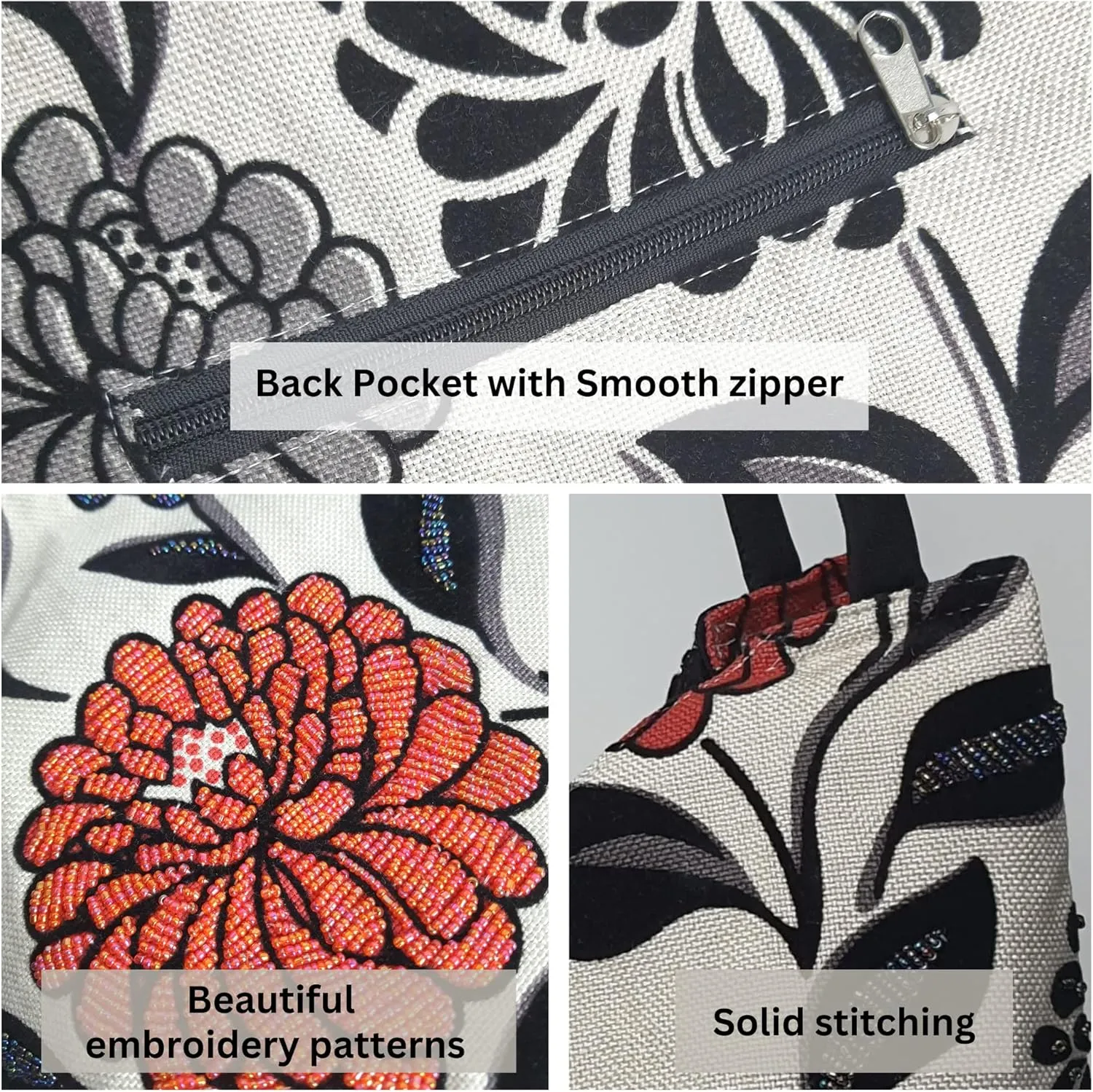 Embroidered Handbags for Women, Large Beads Flower Shoulder Tote Bag with Zipper Fabric Hobo Bags, Mother's Day Bag
