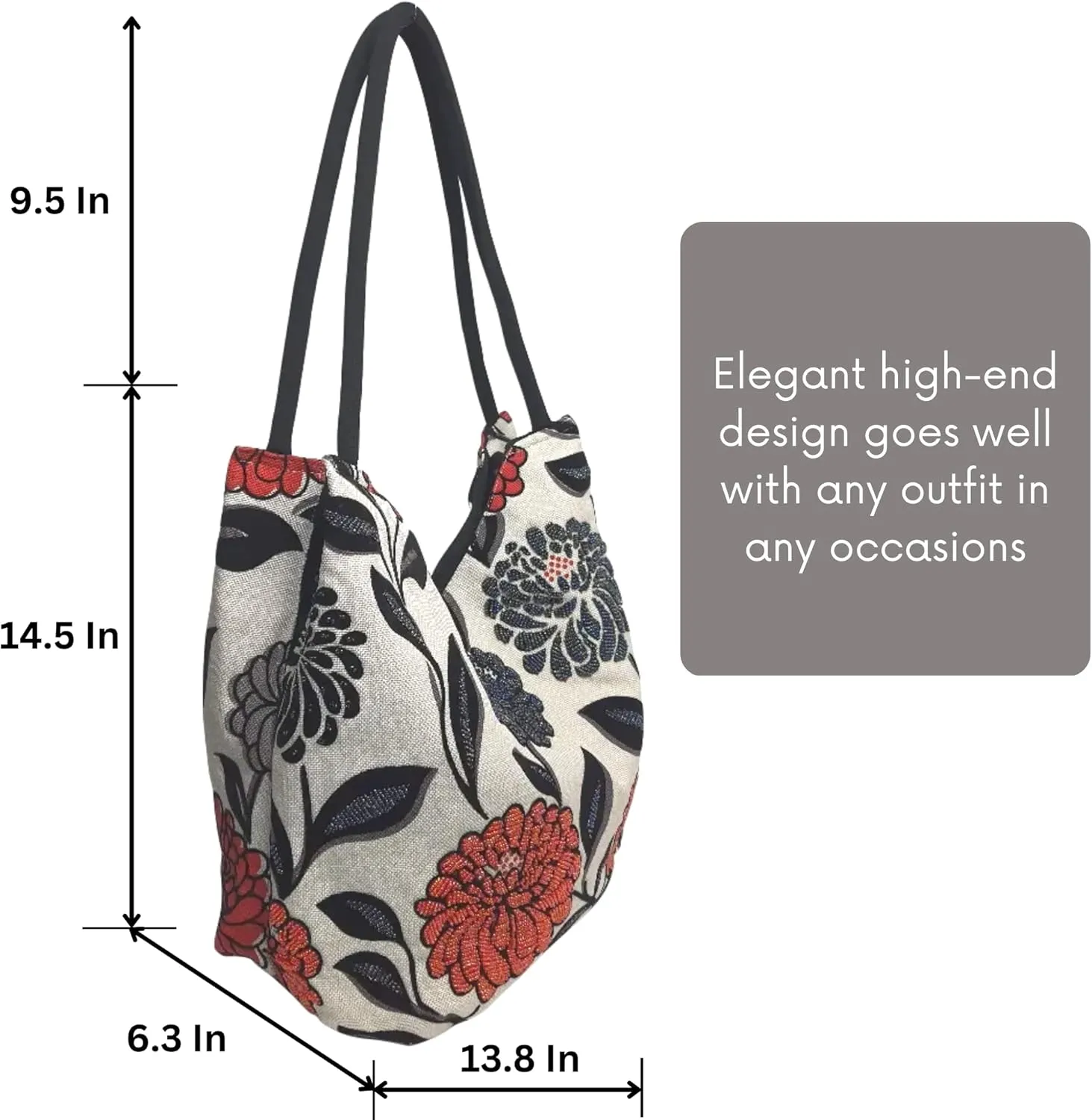 Embroidered Handbags for Women, Large Beads Flower Shoulder Tote Bag with Zipper Fabric Hobo Bags, Mother's Day Bag