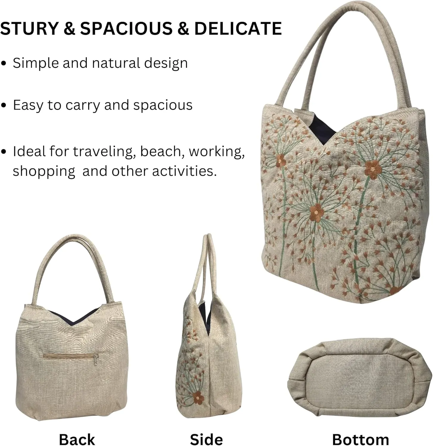 Embroidered Handbags for Women, Large Beads Flower Shoulder Tote Bag with Zipper Fabric Hobo Bags, Mother's Day Bag