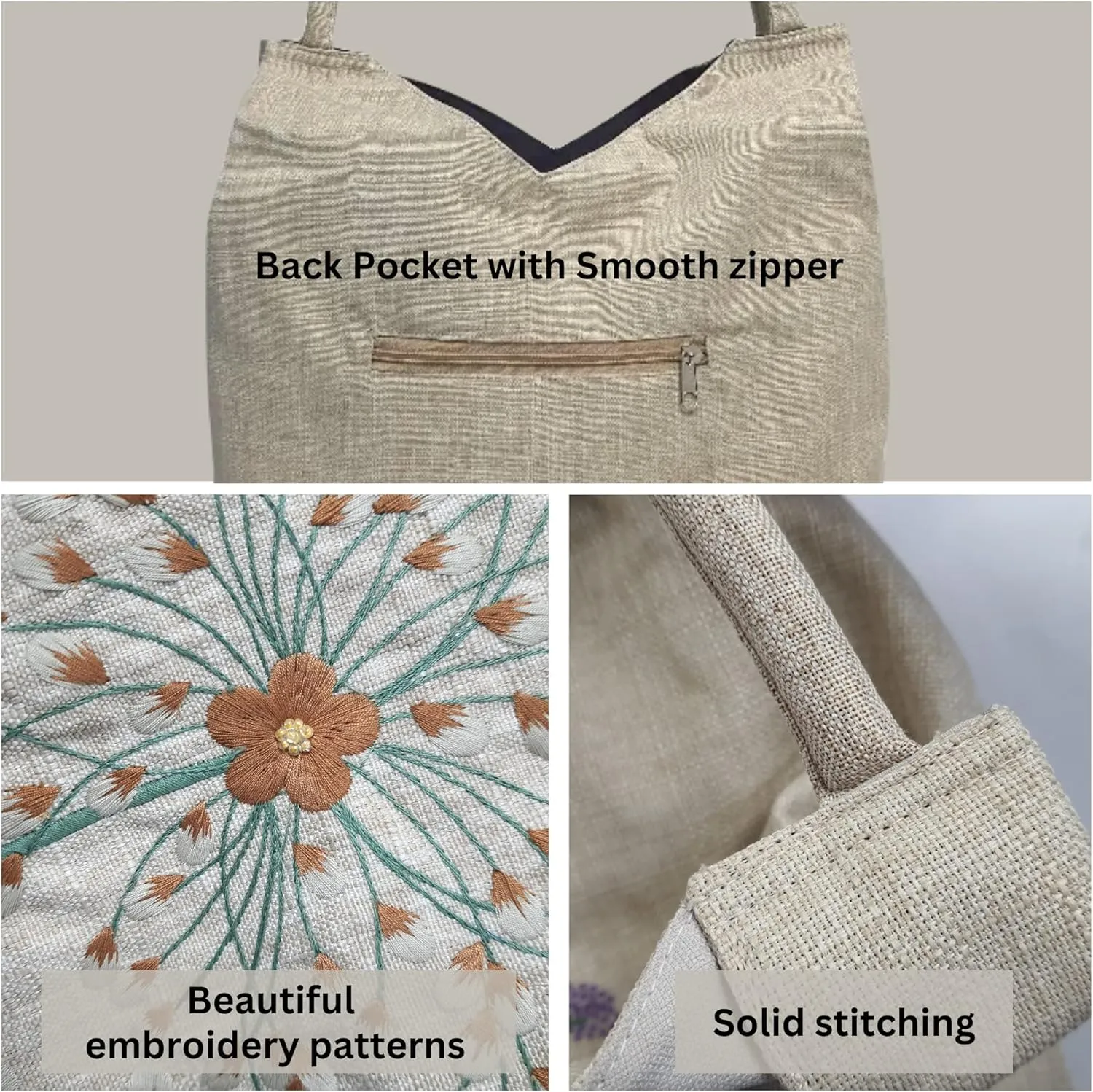 Embroidered Handbags for Women, Large Beads Flower Shoulder Tote Bag with Zipper Fabric Hobo Bags, Mother's Day Bag