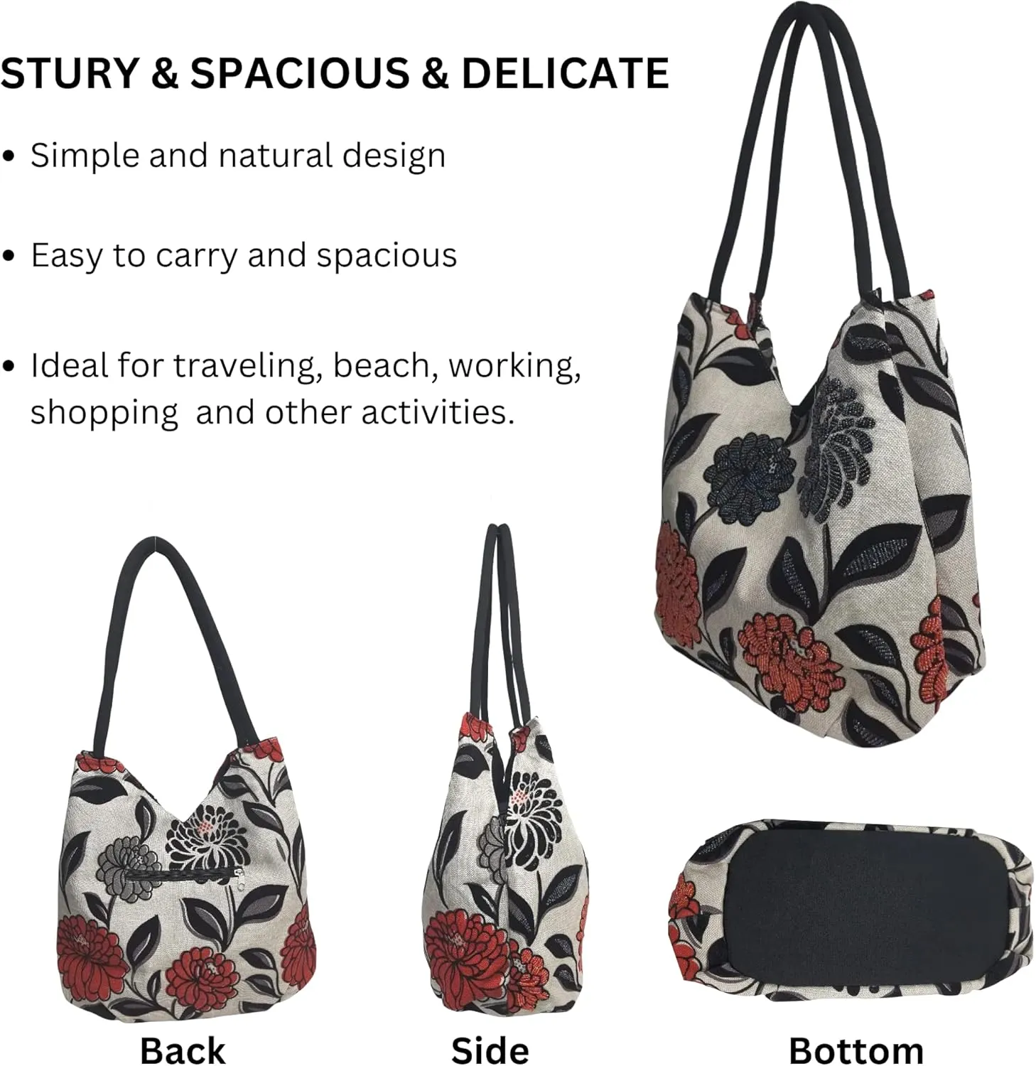 Embroidered Handbags for Women, Large Beads Flower Shoulder Tote Bag with Zipper Fabric Hobo Bags, Mother's Day Bag