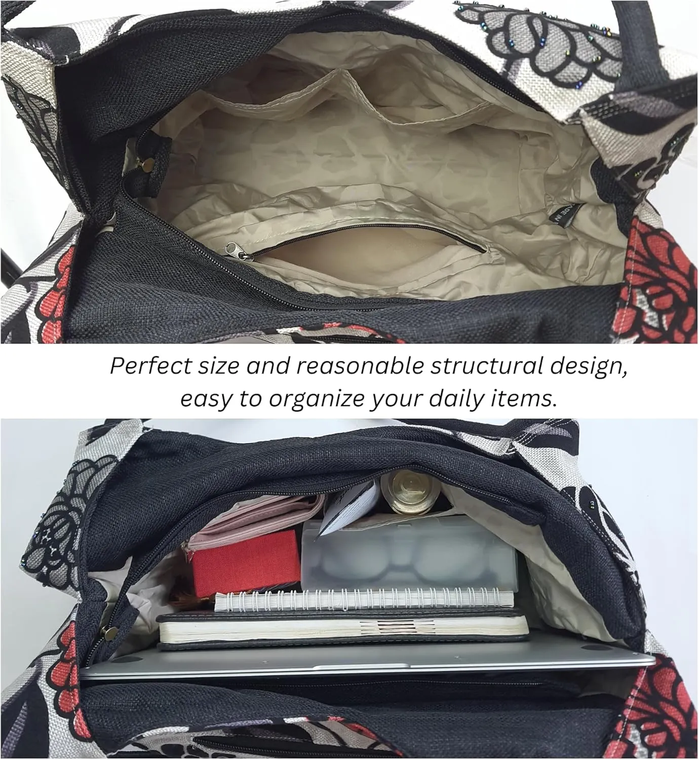 Embroidered Handbags for Women, Large Beads Flower Shoulder Tote Bag with Zipper Fabric Hobo Bags, Mother's Day Bag