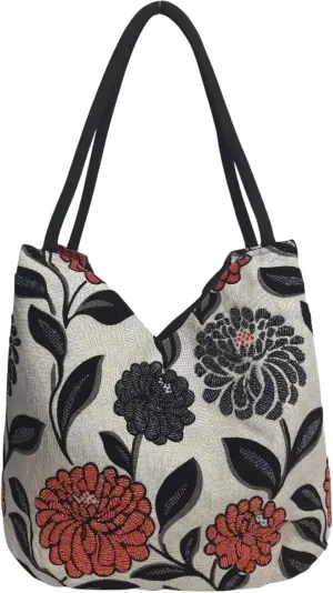 Embroidered Handbags for Women, Large Beads Flower Shoulder Tote Bag with Zipper Fabric Hobo Bags, Mother's Day Bag
