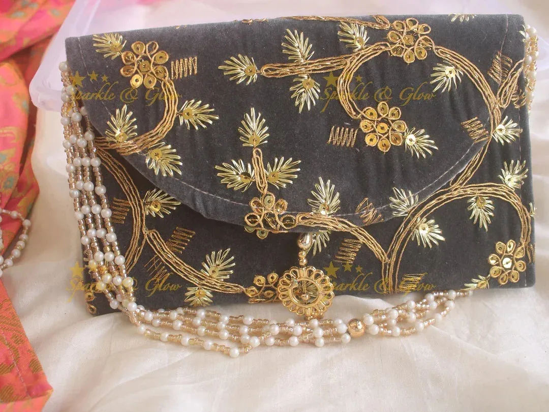 Embroidered Velvet Clutch 9.5x4.5 - Elegant Gift
