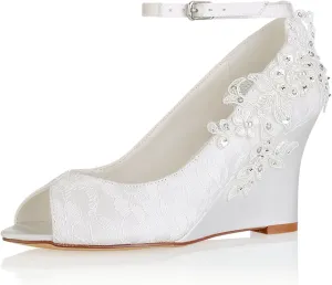 Emily Bridal Lace Wedding Shoes Ivory Peep Toe Flowers Detail Wedge Shoes Ankle Strap Bridal Shoes