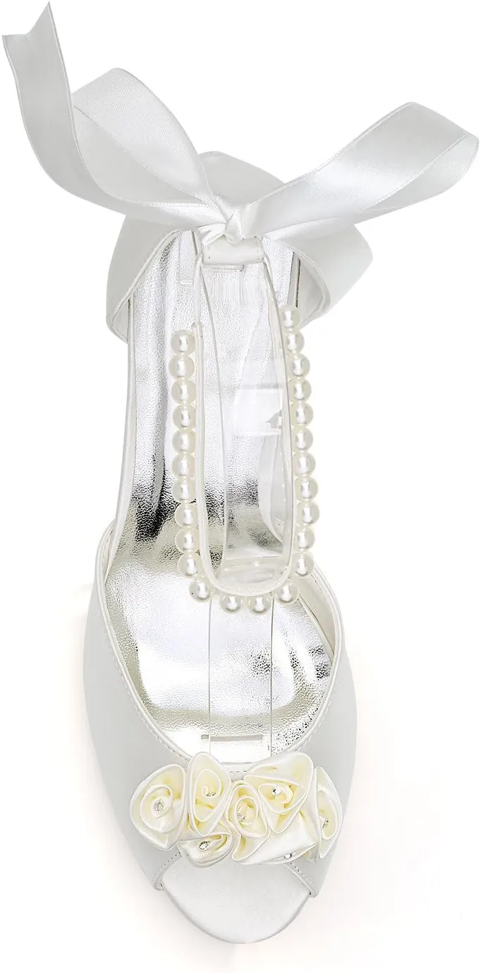 Emily Bridal Silk Wedding Shoes Ivory Peep Toe Bow Pearls Ankle Strap Bridal Shoes