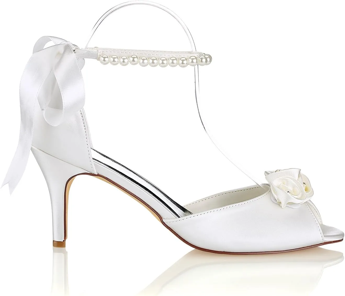 Emily Bridal Silk Wedding Shoes Ivory Peep Toe Bow Pearls Ankle Strap Bridal Shoes