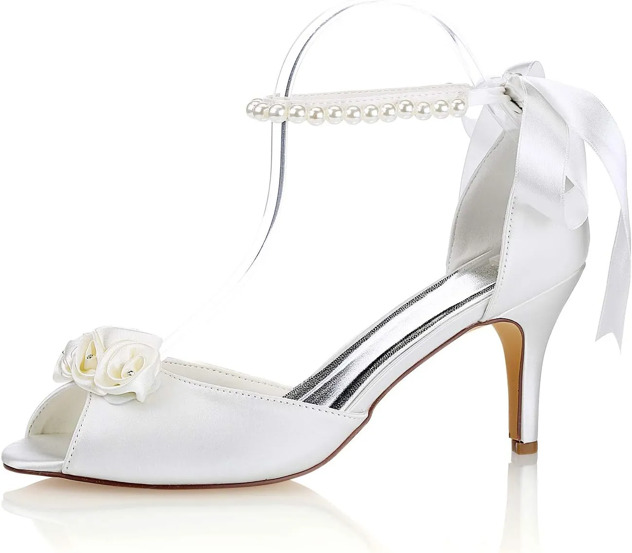Emily Bridal Silk Wedding Shoes Ivory Peep Toe Bow Pearls Ankle Strap Bridal Shoes