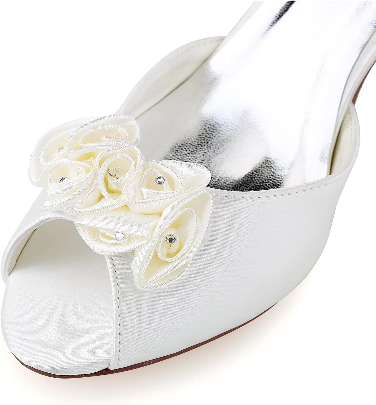 Emily Bridal Silk Wedding Shoes Ivory Peep Toe Bow Pearls Ankle Strap Bridal Shoes