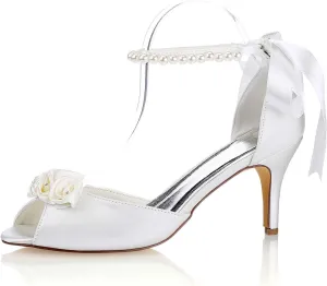 Emily Bridal Silk Wedding Shoes Ivory Peep Toe Bow Pearls Ankle Strap Bridal Shoes