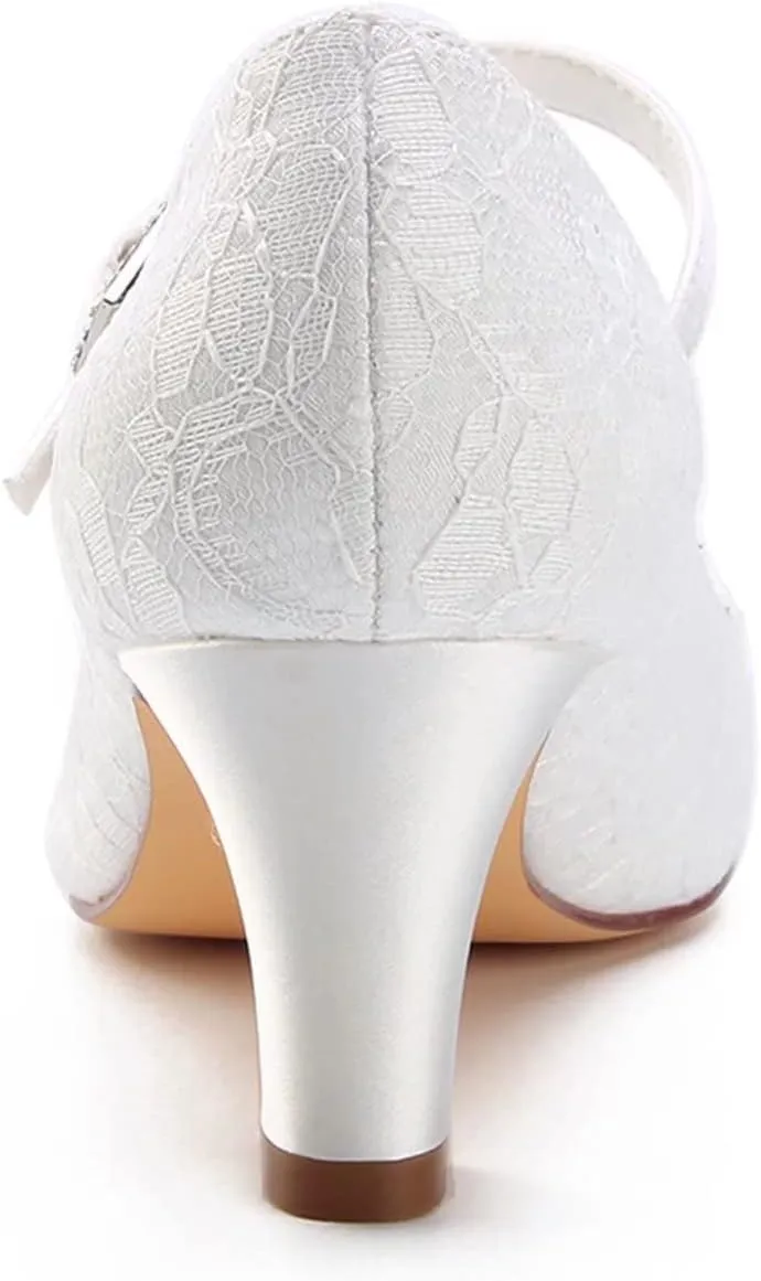 Emily Bridal Wedding Shoes Women's Lace Chunky Heel Closed Toe Pumps with Buckle