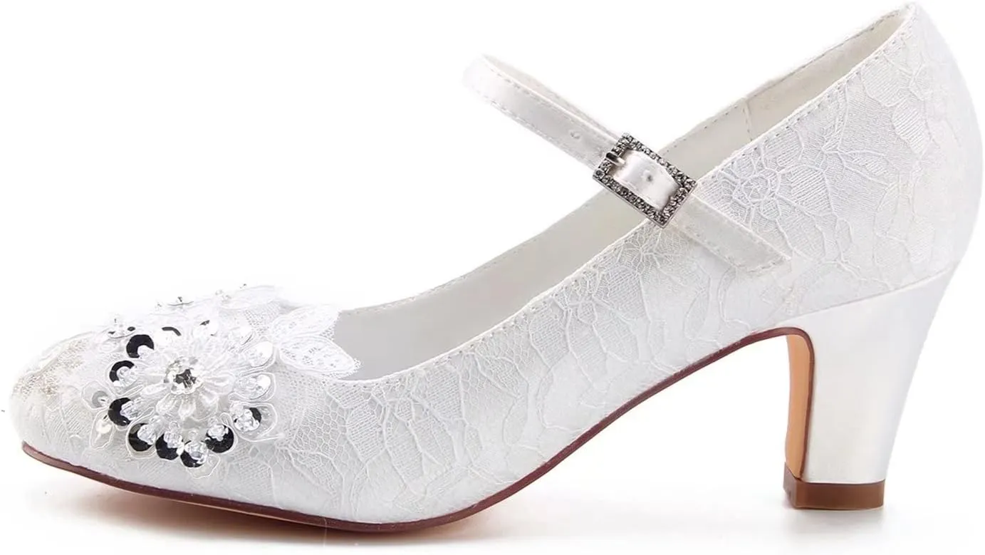 Emily Bridal Wedding Shoes Women's Lace Chunky Heel Closed Toe Pumps with Buckle
