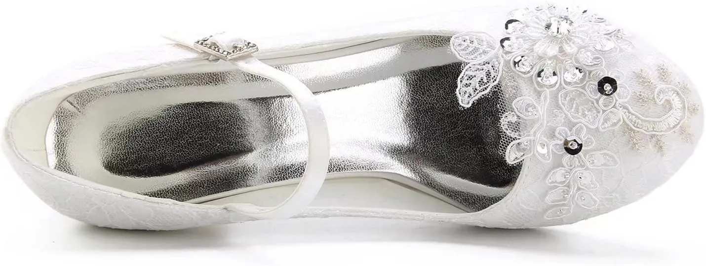 Emily Bridal Wedding Shoes Women's Lace Chunky Heel Closed Toe Pumps with Buckle