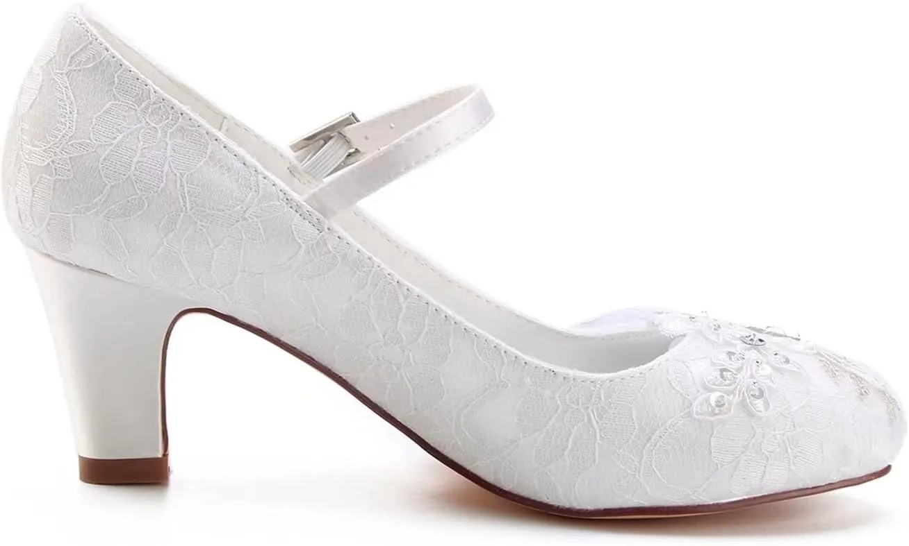 Emily Bridal Wedding Shoes Women's Lace Chunky Heel Closed Toe Pumps with Buckle