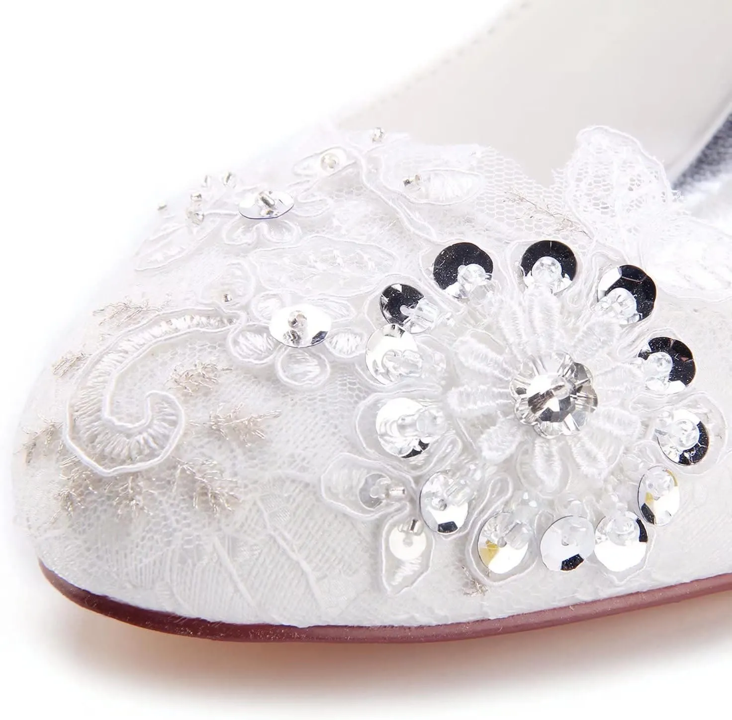 Emily Bridal Wedding Shoes Women's Lace Chunky Heel Closed Toe Pumps with Buckle