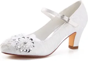Emily Bridal Wedding Shoes Women's Lace Chunky Heel Closed Toe Pumps with Buckle