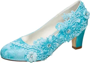 Emily Bridal Wedding Shoes Women's Silk Like Satin Chunky Heel Pumps with Stitching Lace Flower Crystal Pearl