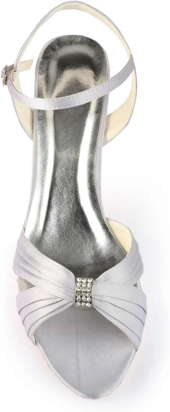 Emily Bridal Women's Silk Like Satin Stiletto Heel Peep Toe Sandals with Crystal