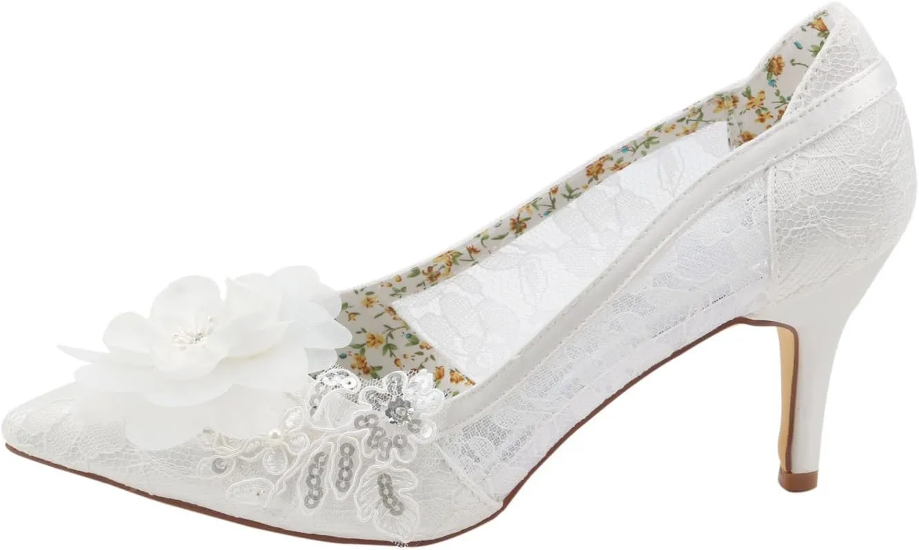 Emily Bridal Women's Silk Like Satin Stiletto Heel Pumps Stitching Lace Flower