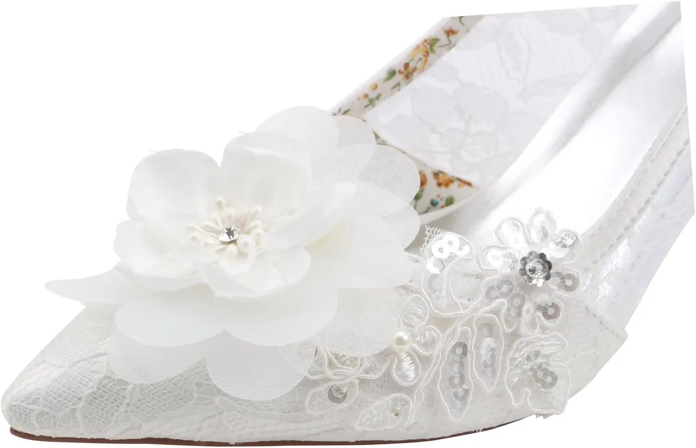Emily Bridal Women's Silk Like Satin Stiletto Heel Pumps Stitching Lace Flower