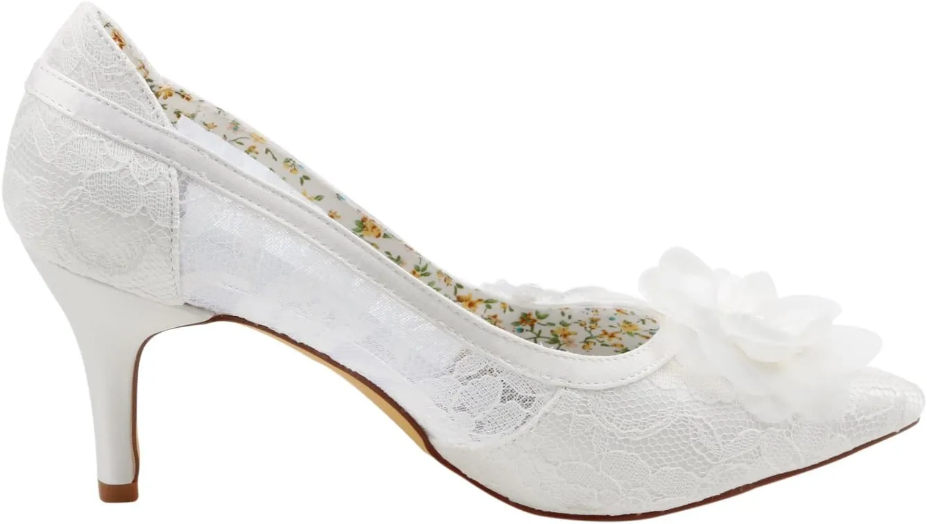 Emily Bridal Women's Silk Like Satin Stiletto Heel Pumps Stitching Lace Flower