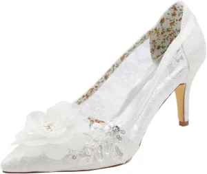 Emily Bridal Women's Silk Like Satin Stiletto Heel Pumps Stitching Lace Flower