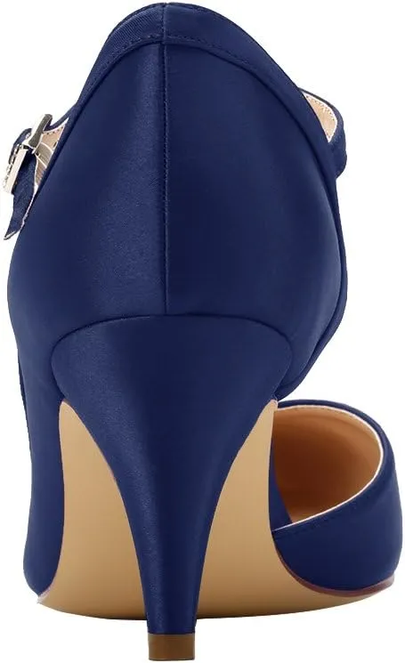 ERIJUNOR Kitten Heels for Women Comfortable Low Heel Closed Toe Satin Evening Dress Wedding Shoes with Ankle Strap