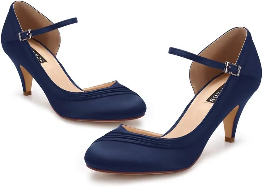 ERIJUNOR Kitten Heels for Women Comfortable Low Heel Closed Toe Satin Evening Dress Wedding Shoes with Ankle Strap