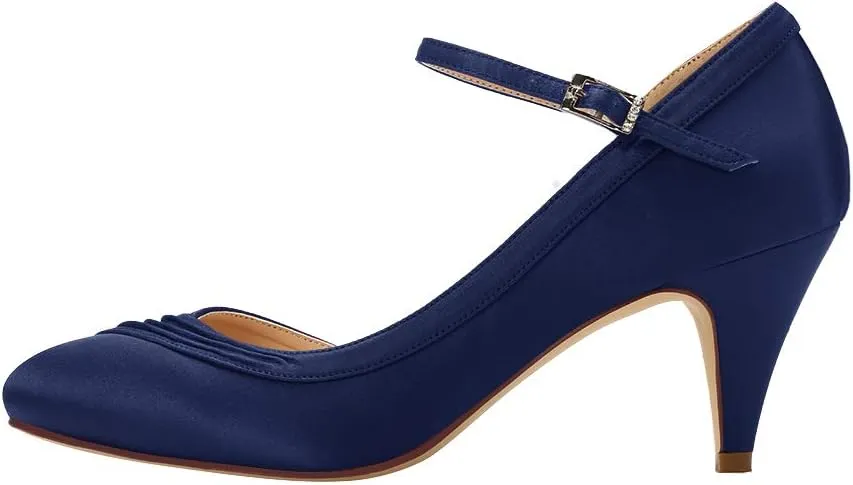ERIJUNOR Kitten Heels for Women Comfortable Low Heel Closed Toe Satin Evening Dress Wedding Shoes with Ankle Strap