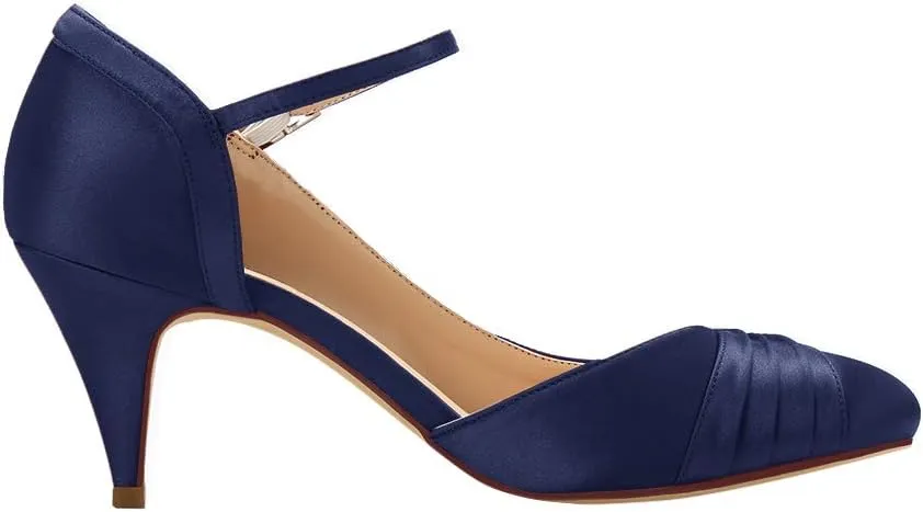 ERIJUNOR Kitten Heels for Women Comfortable Low Heel Closed Toe Satin Evening Dress Wedding Shoes with Ankle Strap