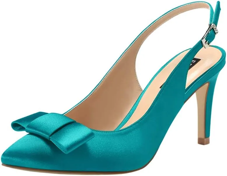 ERIJUNOR Pointy Toe Pumps Mid Heels Wedding Evening Party Prom Slingback Satin Shoes