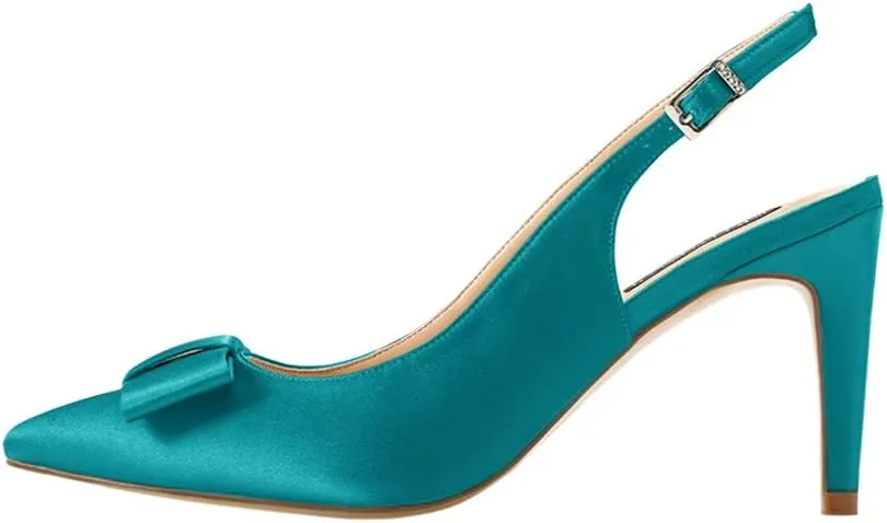 ERIJUNOR Pointy Toe Pumps Mid Heels Wedding Evening Party Prom Slingback Satin Shoes