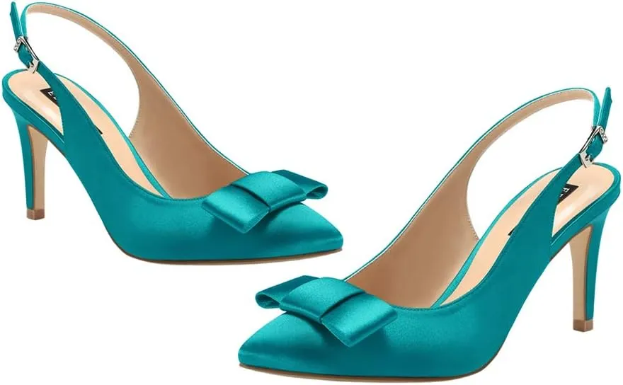 ERIJUNOR Pointy Toe Pumps Mid Heels Wedding Evening Party Prom Slingback Satin Shoes