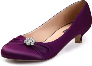 ERIJUNOR Women Closed Toe Comfort Kitten Heels Rhinestones Satin Wedding Evening Dress Shoes